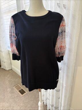 DKNY Ladies Dark Navy Crewneck Sweater with sheer sleeves